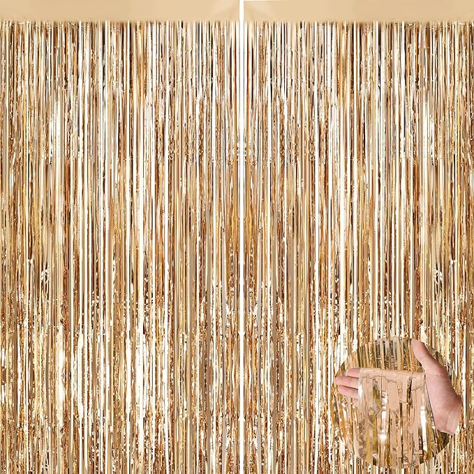 Champagne Gold Metallic Tinsel Foil Fringe Curtains, 2 Pack 3.3x8.3 Feet Party by NUWDHP