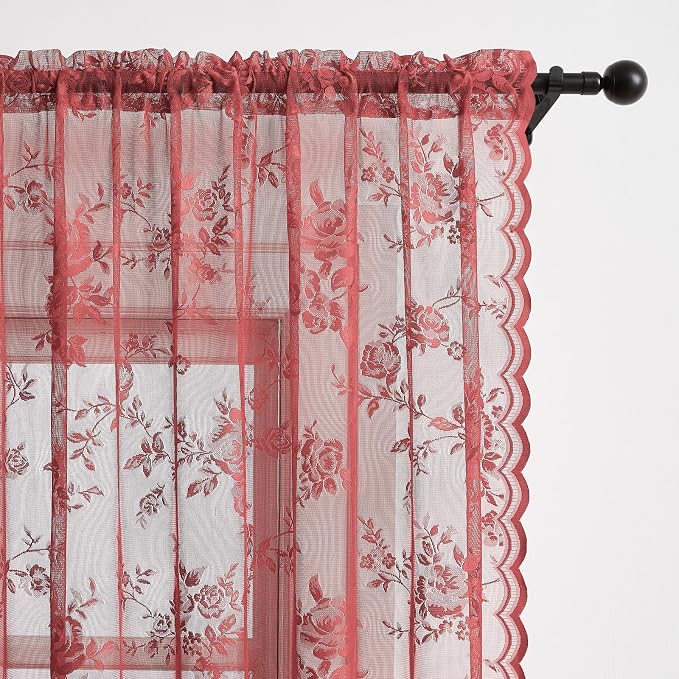 Coral Lace Curtains 108 Inches Long 2 Panels Rod Pocket Large Floral Embroidery - Image 3