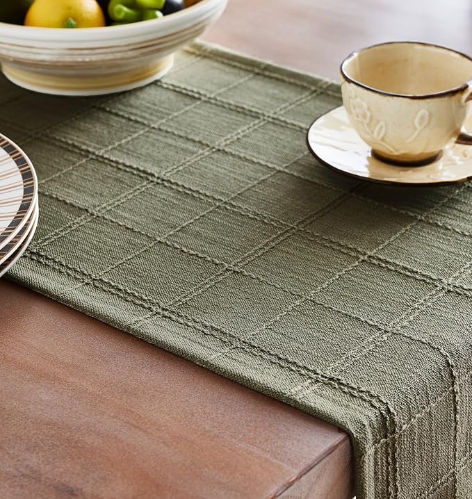 Linen Checked Farmhouse Table Runner, 13x90 Inches Olive | Raised Grid Design - Image 5