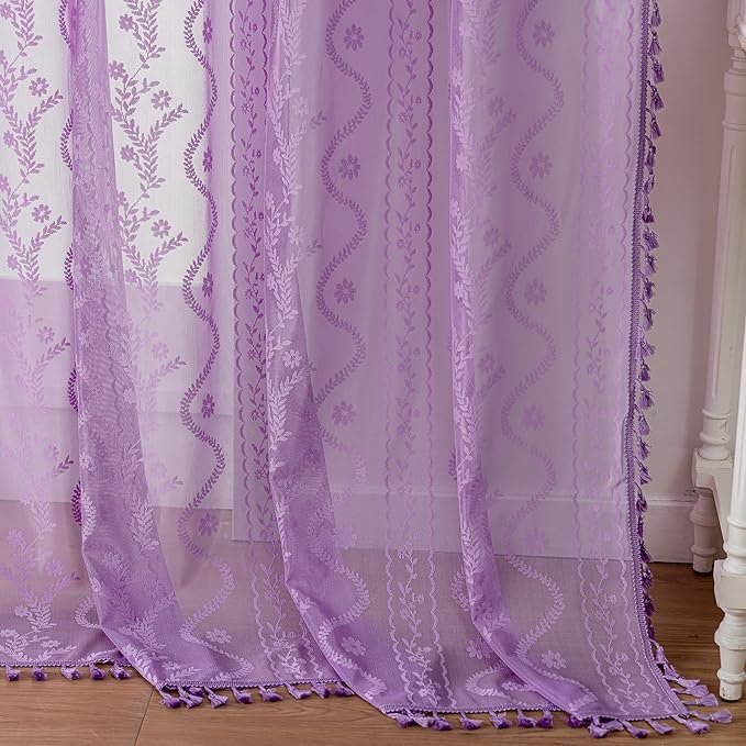 WAZZIO Boho Lace Curtains 84 Inch 2 Panels -Sheer Panel Drape Floral Pattern & - Image 5