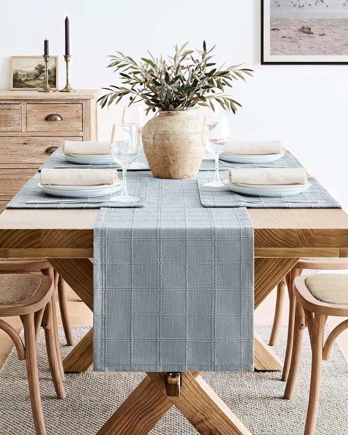 Linen Checked Farmhouse Table Runner, 13x90 Inches Chambray | Raised Grid Design - Image 2