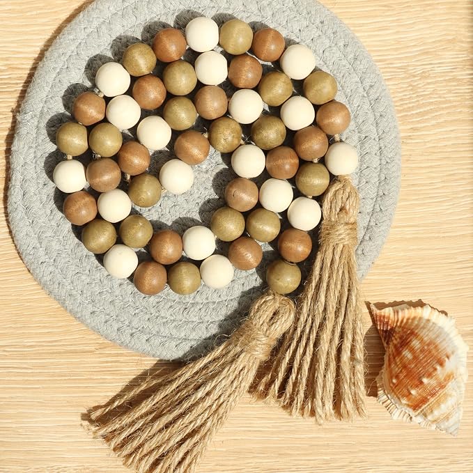 Meplait Wood Bead Garland, 39in Decorative Tassels Garland, Coffee&Natural | - Image 4