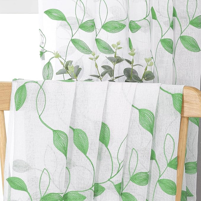 Tollpiz Green Leaf Sheer Curtain Living Room Short 54 x 54 Inches | Leaves - Image 6