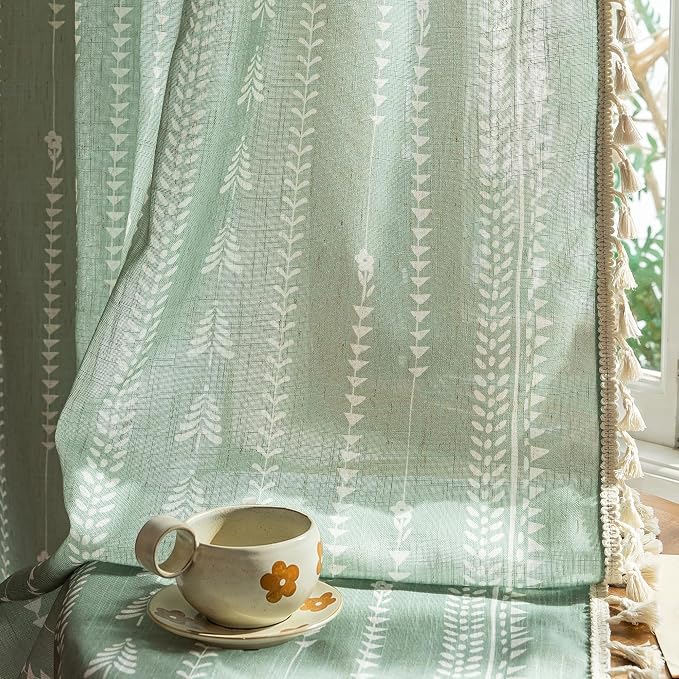 Sage Green Curtains for Living Room, Linen Blended Boho Semi Sheer Patterned - Image 6