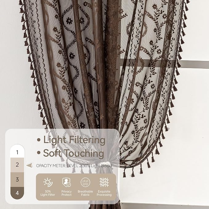 WAZZIO Boho Lace Curtains 2 Panels 63 Inch -Victorian Sheer Panel Drape French - Image 4