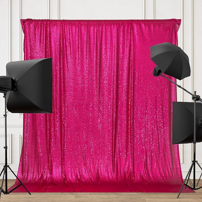 PartyDelight Hot Pink Sequin Backdrop 6x8ft Sparkly Photo Curtain | 4 Inch Rod - Image 2