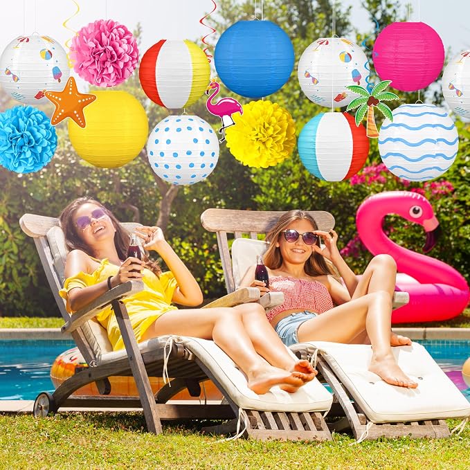 16Pcs Summer Party Decorations Paper Lanterns Pom Poms Hanging Swirls - Image 2