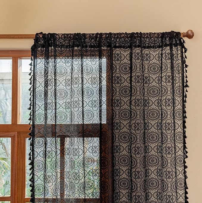YJ YANJUN Boho Lace Curtains 108 inches Long 2 Panels -Vintage Floral Crochet - Image 2