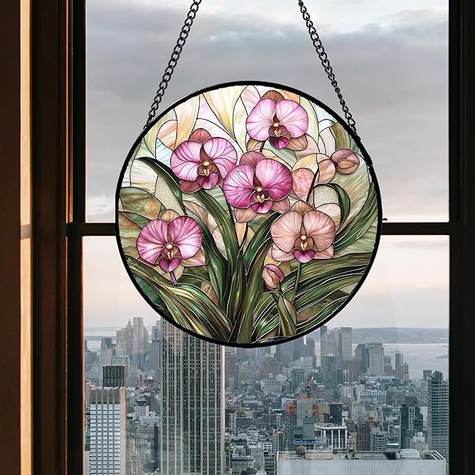 Stained Glass Window Hanging - Pink Phalaenopsis Orchid Green Leaves Sun Catcher for Door Home Decor Flower Suncatcher Christmas Mother's Day Birthday Gifts for Women Men Mom Nana 9.8 in