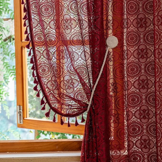 Burgundy Boho Lace Curtains, 59 X 63 inch, Wine Red Sheer Window Panels | by YJYANJUN