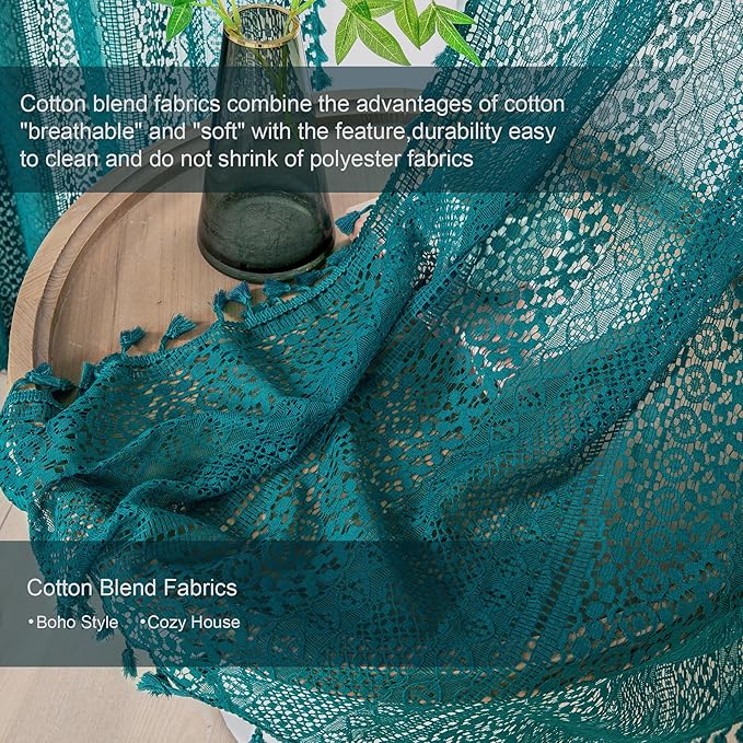 WAZZIO Boho Lace Curtains 45 Inches 2 Panel, Light Filtering Privacy Tassel & - Image 5