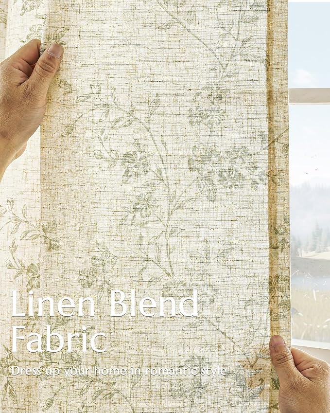 jinchan Green Floral Linen Curtains 84 Inch Farmhouse Back Tab 2 Panels | - Image 4