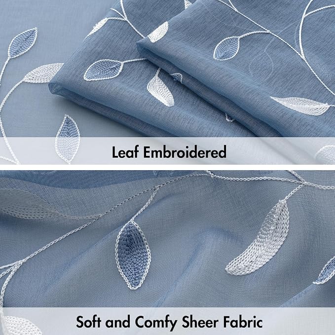 MIULEE Dusty Blue Sheer Curtains 2 Panels Leaf Patterned, W52 x L63 | - Image 4