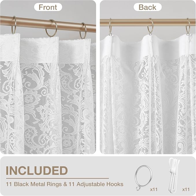 Bujasso White Lace Pinch Pleat Curtains 63 inch, Vintage Floral Sheer Drapes - Image 4
