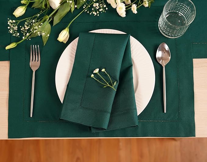 100% Pure Linen Green Placemats 14 x 19 Inch - Hemstitch Christmas Placemat Set of 4 - Cloth Fabric Napkins for Thanksgiving, Winter, New Year - Elara