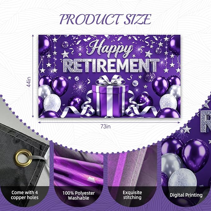 Purple Retirement Party Decorations 72x43" Happy Retirement Backdrop Banner | - Image 2
