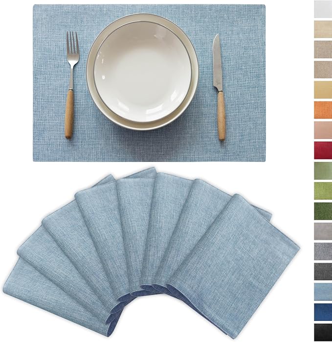 Demetex Placemats Set of 8 Heat Resistant Blue Placemats Soft Washable Linen by DEMETEX