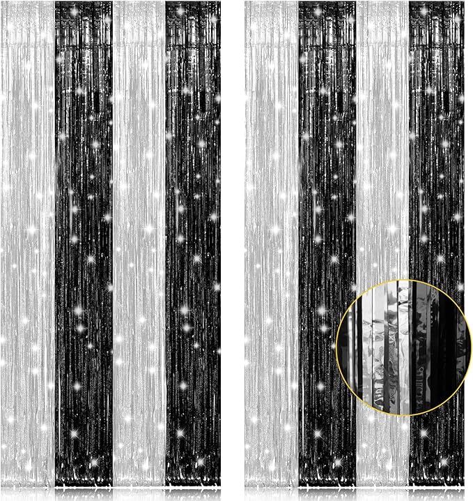 PIGETALE, 2 Pack 3.2 x 8.2 ft Black and Silver Foil Fringe Curtains Party by welcomePIGETALE