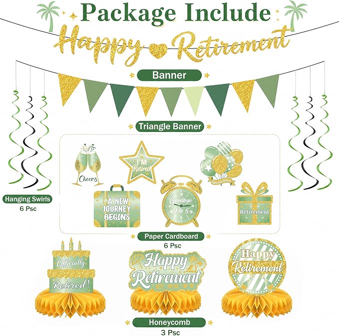 17 Pcs Green Gold Retirement Party Decorations - Image 3