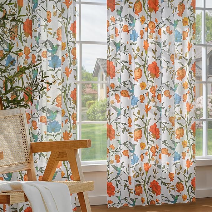 White Floral Linen Curtains, Boho Whimsical Bird Print Curtains - Image 6