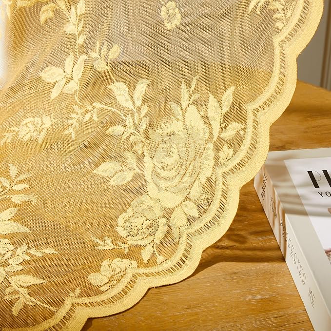 Yellow Lace Curtains 72 Inch Length 2 Panels Set Country Golden Flower Sheer - Image 7