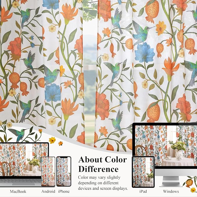 90 Inch Boho Floral Curtains Tropical Bird Print Linen Semi Sheer Window Drapes - Image 3