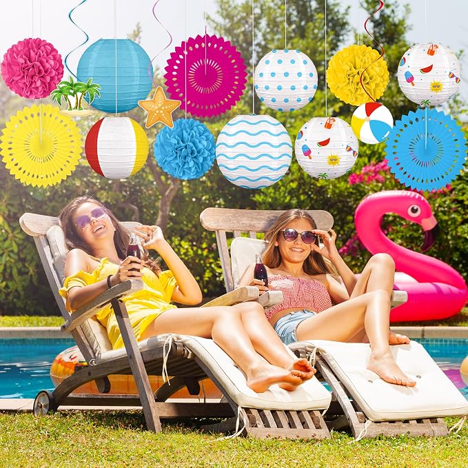 Renbuzhu 15Pcs Beach Party Decorations Paper Lanterns Fans Pom Poms Hanging - Image 6