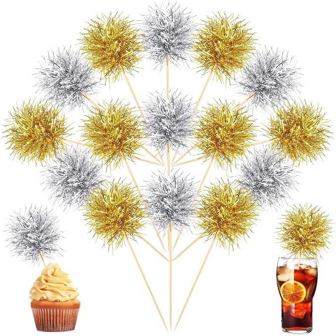 Chinco 100 Pcs Foil Firework Cupcake Toppers Gold and Silver Sparkle Tinsel by Chinco
