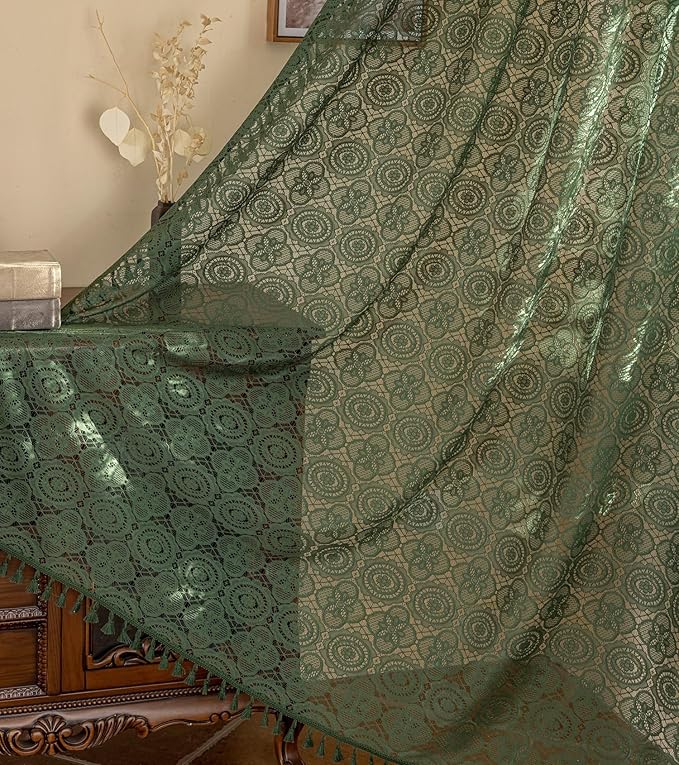 YJ YANJUN Boho Lace Curtains, Dark Green, 2 Panels | Vintage Floral Crochet - Image 4