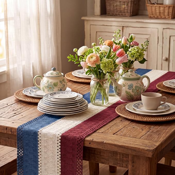 Artoid Mode Blue Beige Red Farmhouse Rustic Table Runner 12x60 Inch | Holiday - Image 4