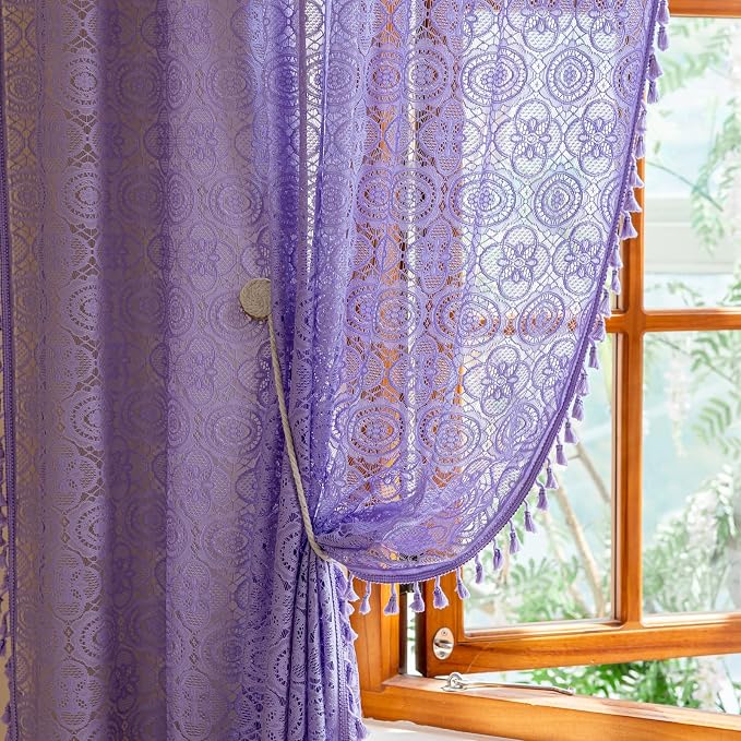 YJ YANJUN Boho Lace Curtains, Light Purple Sheer Panels, 59x84 inch, Pair | - Image 2