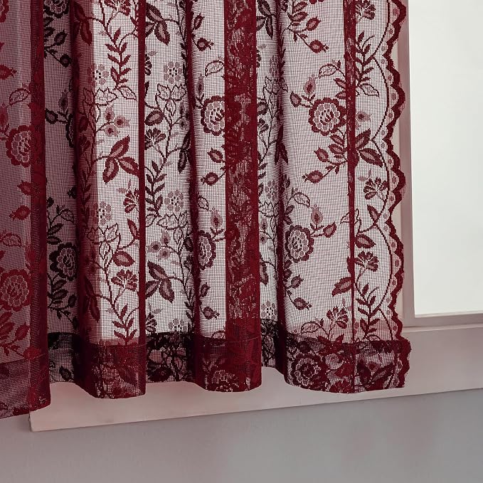 Short Burgundy Lace Curtains Rustic Leaf Floral W42 x L45 Inch 2 Panels | Rod - Image 4
