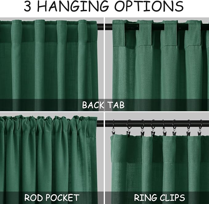 Dark Green Linen Curtains 102 Inches Long Rod Pocket Back Tab Drapes 2 Panels - Image 2