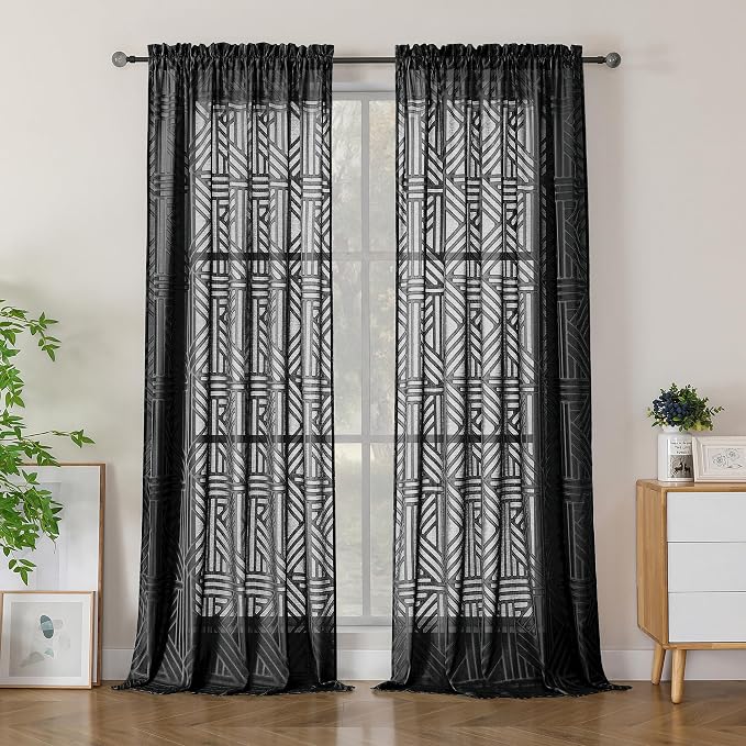 Simplebrand Semi Sheer Black Curtains 90 Inches Long 2 Panels, Light Filtering by Simplebrand