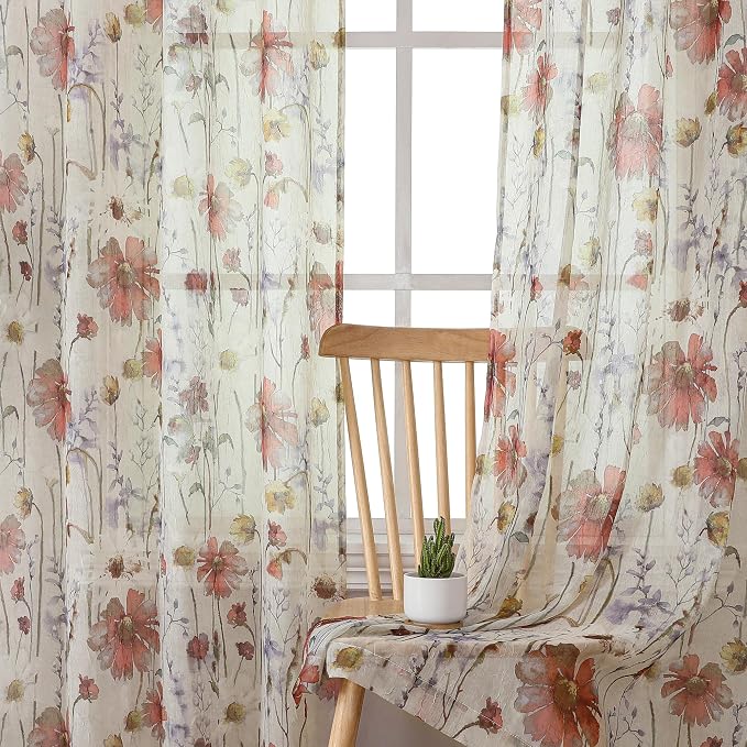 OWENIE Crushed Sheer Curtains 84 Inches Long 2 Panels Set, Sheer Floral by OWENIE