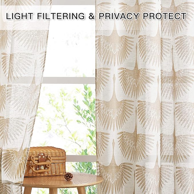 KGORGE Natural Linen Curtains 2 Panels- Taupe 52“W x 72" L Semi Sheer Geometric - Image 2