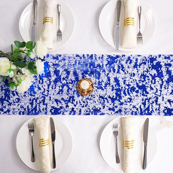 Snowkingdom Royal Blue Table Runner, Sequin Glitter Foil Metallic Thin Mesh - Image 6