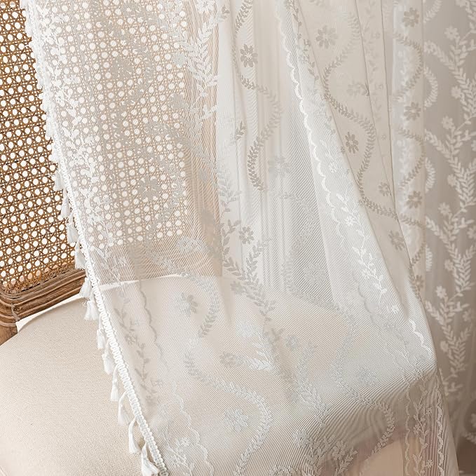WAZZIO Boho Lace Curtains 2 Panels 45 Inches -Cute Vintage Victorian Sheer - Image 5