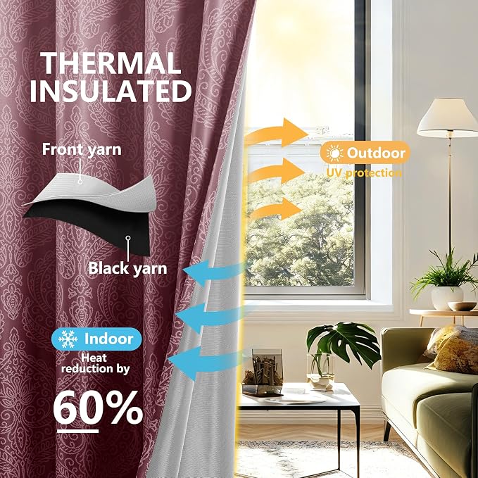 DWCN 100% Blackout Curtains for Bedroom 63 Inch Long-Damask Patterned Ombre - Image 4