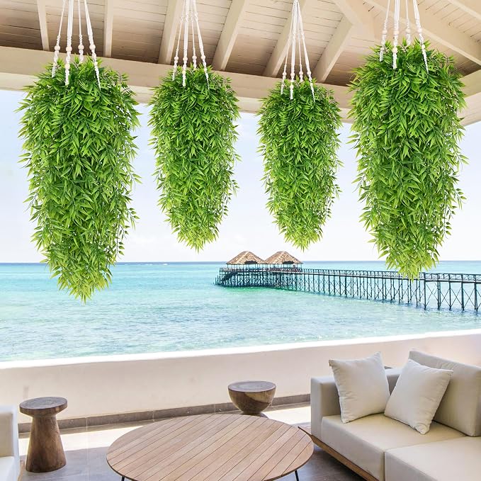 4Pcs Artificial Hanging Plants, Fake Willow Leaves Vines | UV Resistant Faux - Image 7