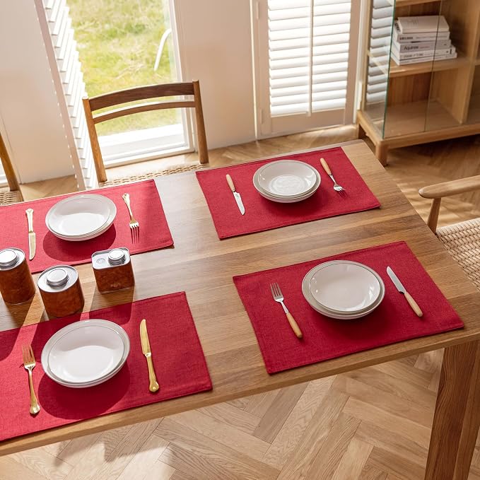 Demetex Placemats Set of 4 Heat Resistant Red Linen Place Mats Wipeable Cloth - Image 6