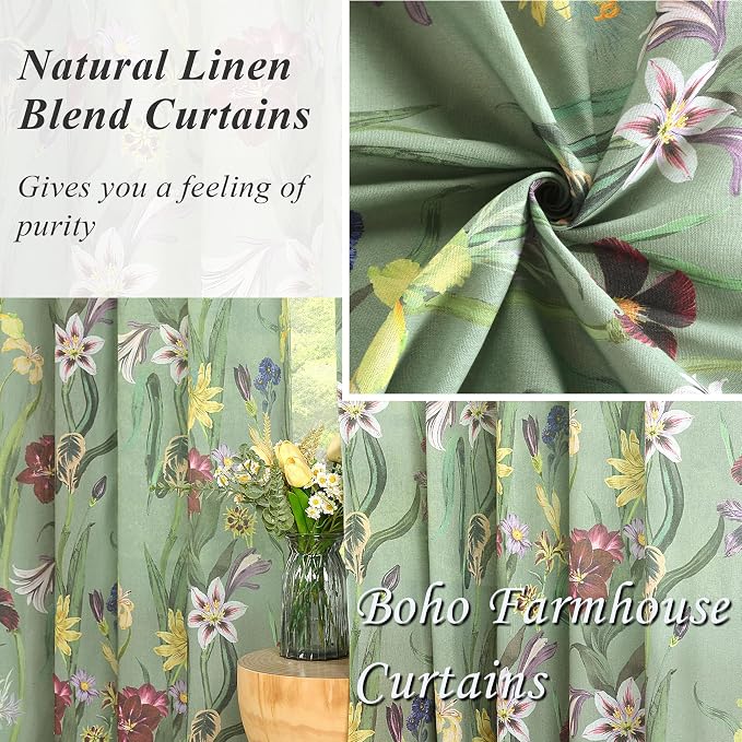 Schweek Ligth Green Boho Floral Curtain 63 Inch Length 2 Panels - Image 5
