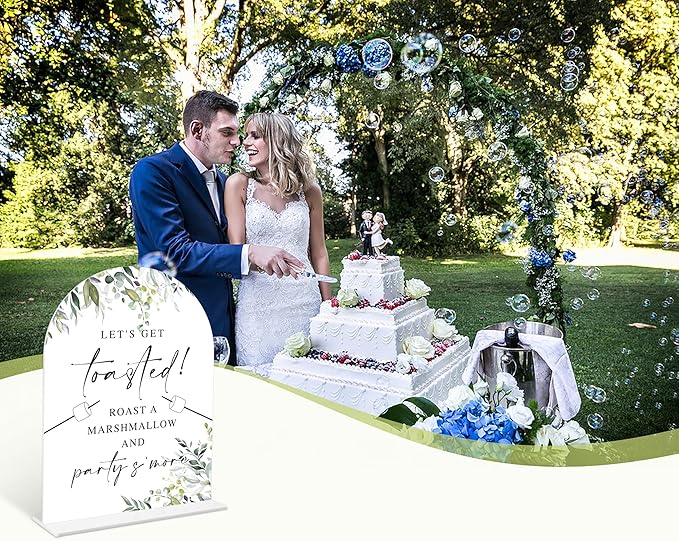 Greenery S'mores Bar Sign, 6 x 8 Inch White Arch Acrylic Wedding Sign with Holder, Wedding Sign for Ceremony and Reception, Wedding Decoration, Wedding Supplies - LY20