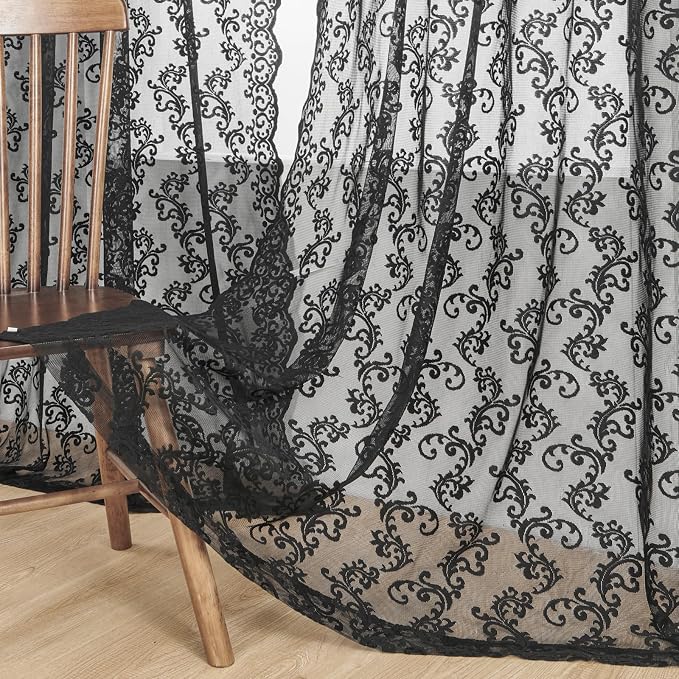 Black Lace Curtains 96 Inches Long 2 Panels Vintage French Floral Sheer - Image 2