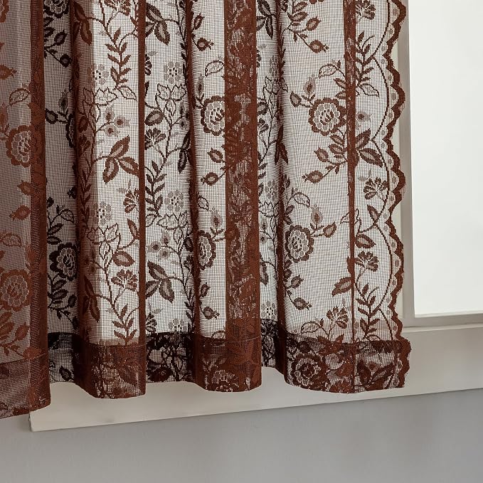 Chestnut Brown Sheer Lace Curtains Leaf Floral W42 x L45 Inch, 2 Panels | Rod - Image 4