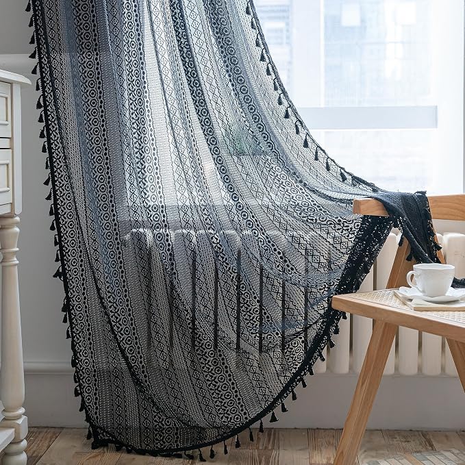 Sutuo Home Black Boho Curtain 84 Inches Length, Sheer Crochet Lace Handmade by SutuoHome