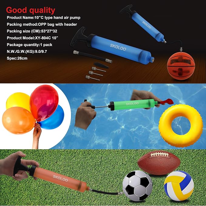 SKOLOO 10" Portable Hand Air Ball Pump Inflator Kit - Image 4