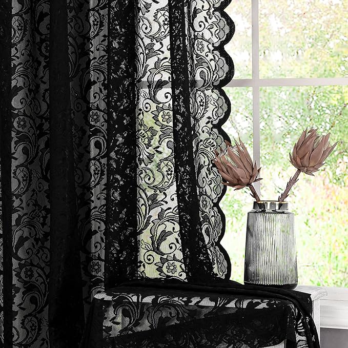 Bujasso Black Lace Sheer Curtains 108 inch Vintage Floral Sheer Window Curtain by Bujasso