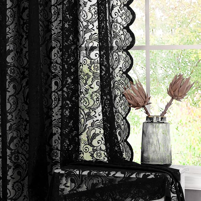 Bujasso Black Lace Pinch Pleat Curtains 84 inch, Gothic Vintage Floral Sheer - Image 2