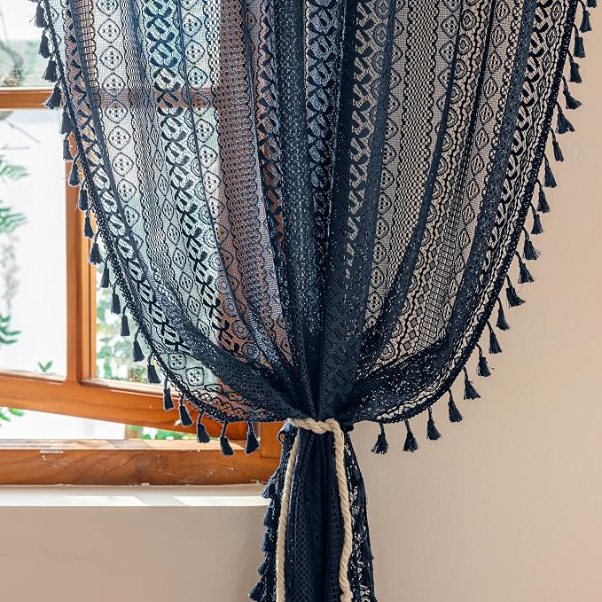 Sutuo Home Navy Blue Boho Sheer Curtains 72 inches Long - Image 3